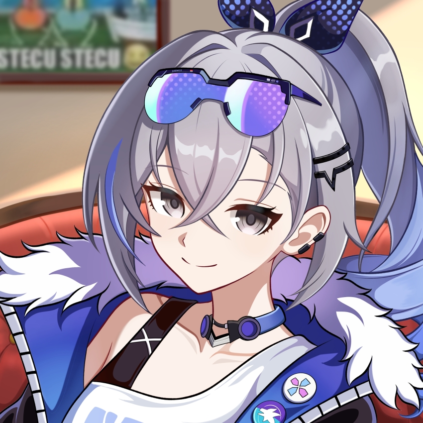 1girl, absurdres, black_jacket, blue_hair, choker, closed_mouth, earclip, eyewear_on_head