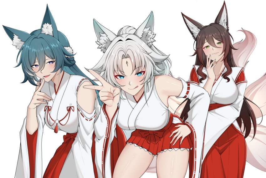 3girls, absurdres, alternate_costume, animal_ears, brown_hair, centauri-d, commission, feixiao_(honkai:_star_rail)