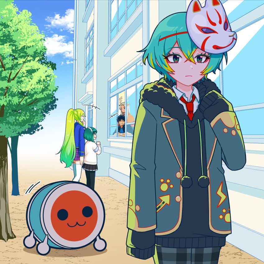 2girls, 3boys, :3, absurdres, amitie_(taiko_no_tatsujin), animal_ears, anime_coloring, antlers