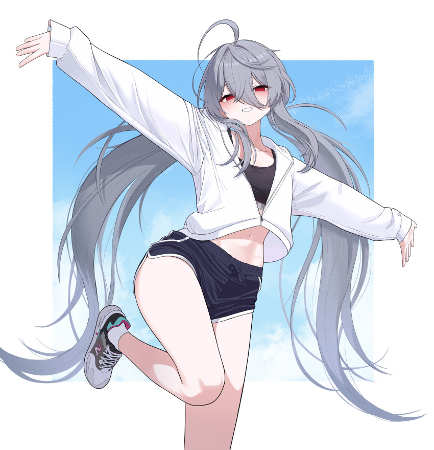 1girl, absurdres, ahoge, alternate_costume, bebetang, black_shirt, black_shorts, black_survival