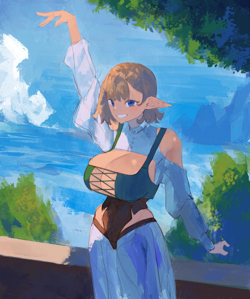 1girl, arm_up, blonde_hair, blue_eyes, bob_cut, breast_cutouts, breasts, cleavage, clenched_teeth, clothing_cutout, dress, elf, hair_behind_ear, hazuki_kazue, high_collar, highres, hip_vent, huge_breasts, lace-trimmed_tank_top, lace_trim, long_sleeves, looking_at_viewer, ocean, original, outdoors, pointy_ears, shirt, short_hair, shoulder_cutout, smile, solo, standing, teeth, white_shirt