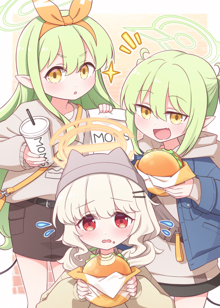 3girls, :d, aoba_(blue_archive), aoba_(mom's_touch)_(blue_archive), beanie, black_skirt, black_tail, blue_archive