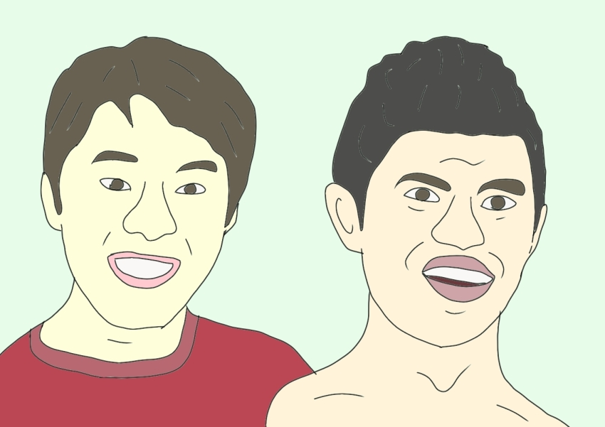 2boys, black_hair, horipro, kojima_yoshio, multiple_boys, red_shirt, shirt, sun_music