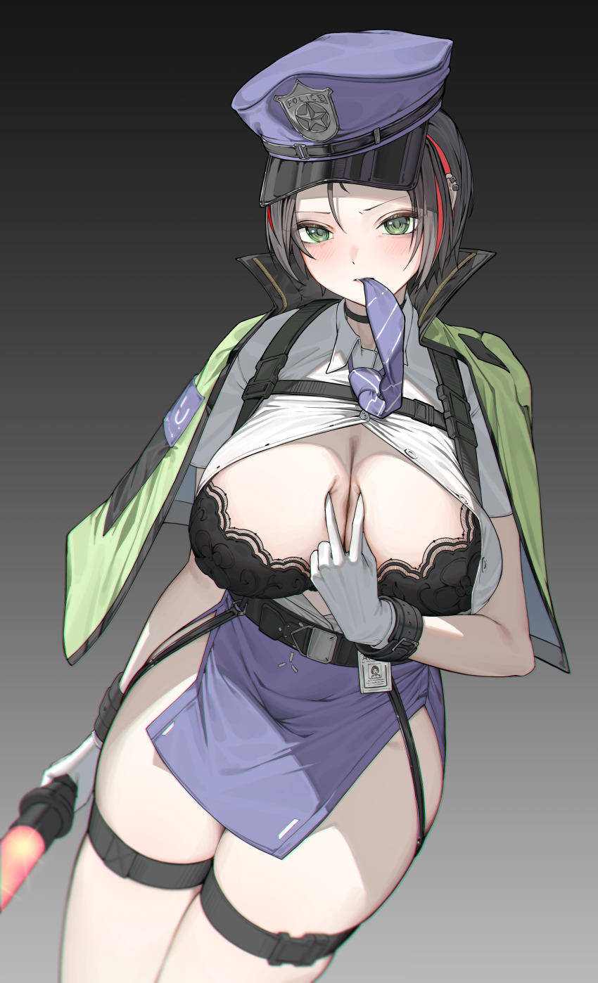 1girl, absurdres, artist_request, belt, black_bra, black_choker, black_hair, blue_hat