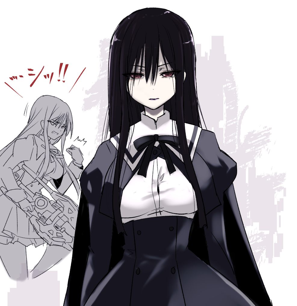 1girl, aoki_kaho, arms_at_sides, assault_lily, black_cape, black_hair, black_ribbon, black_skirt