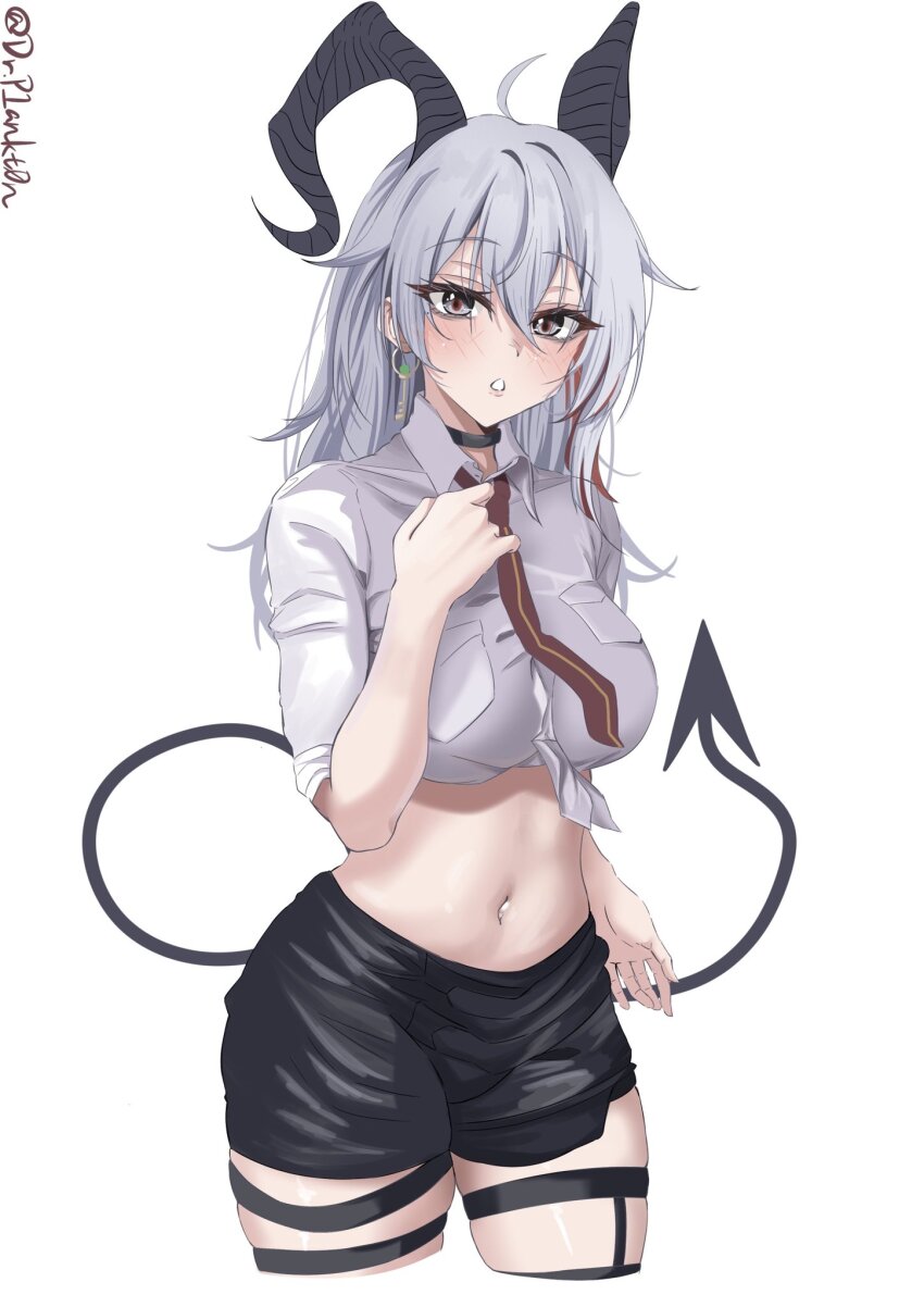 1girl, adapted_costume, ahoge, black_eyes, black_horns, black_shorts, black_tail, breasts