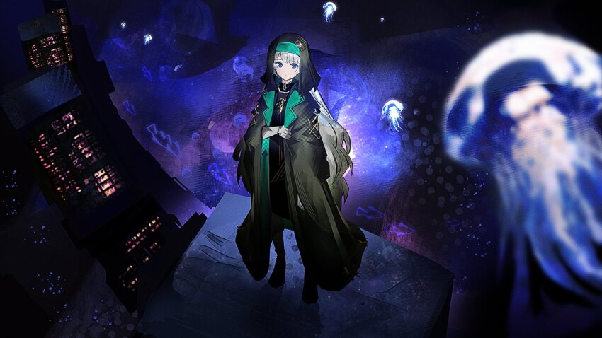 1girl, arknights, blue_eyes, city, fish, hoyeonbns, jellyfish, limbus_company