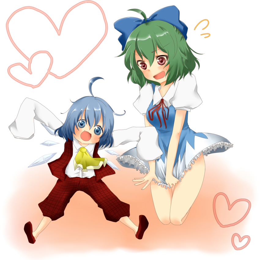 2girls, ahoge, ascot, blue_eyes, blue_hair, blush, bow, cirno