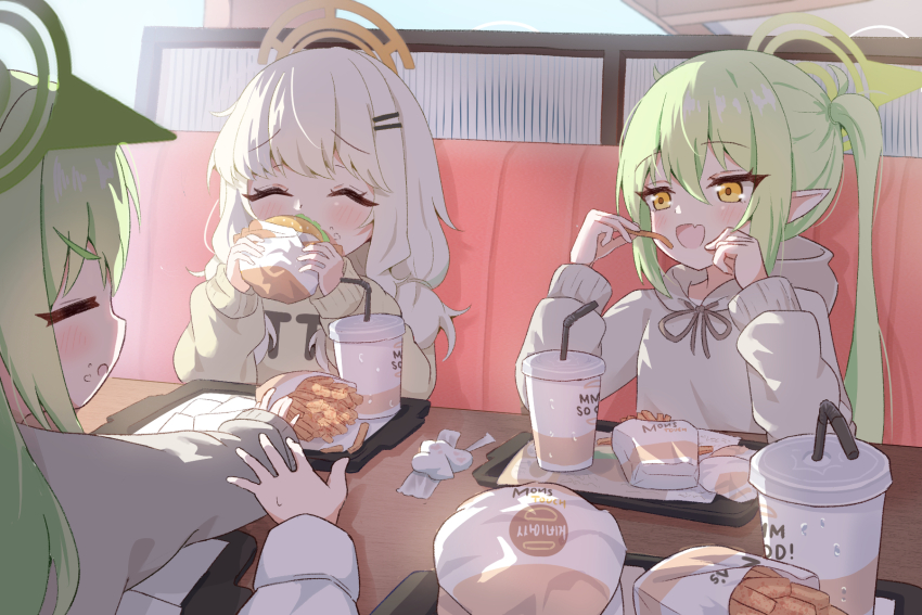 3girls, aoba_(blue_archive), aoba_(mom's_touch)_(blue_archive), blue_archive, burger, closed_eyes, cup, food, french_fries, green_hair, hairclip, halo, highres, hikari_(blue_archive), hikari_(mom's_touch)_(blue_archive), holding, hood, long_hair, mikumiku37, multiple_girls, nozomi_(blue_archive), nozomi_(mom's_touch)_(blue_archive), parallel_hairclips
