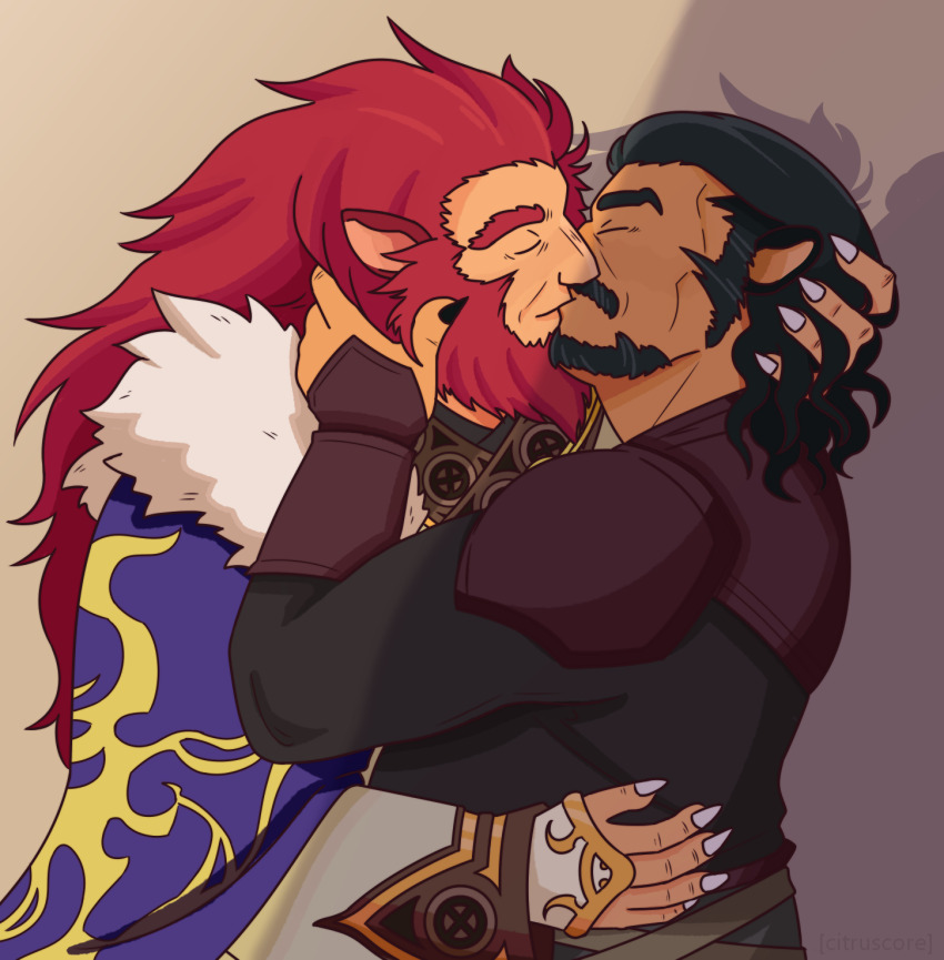 2boys, animal_ears, bara, beard, black_hair, caineghis_(fire_emblem), citruscore, closed_eyes