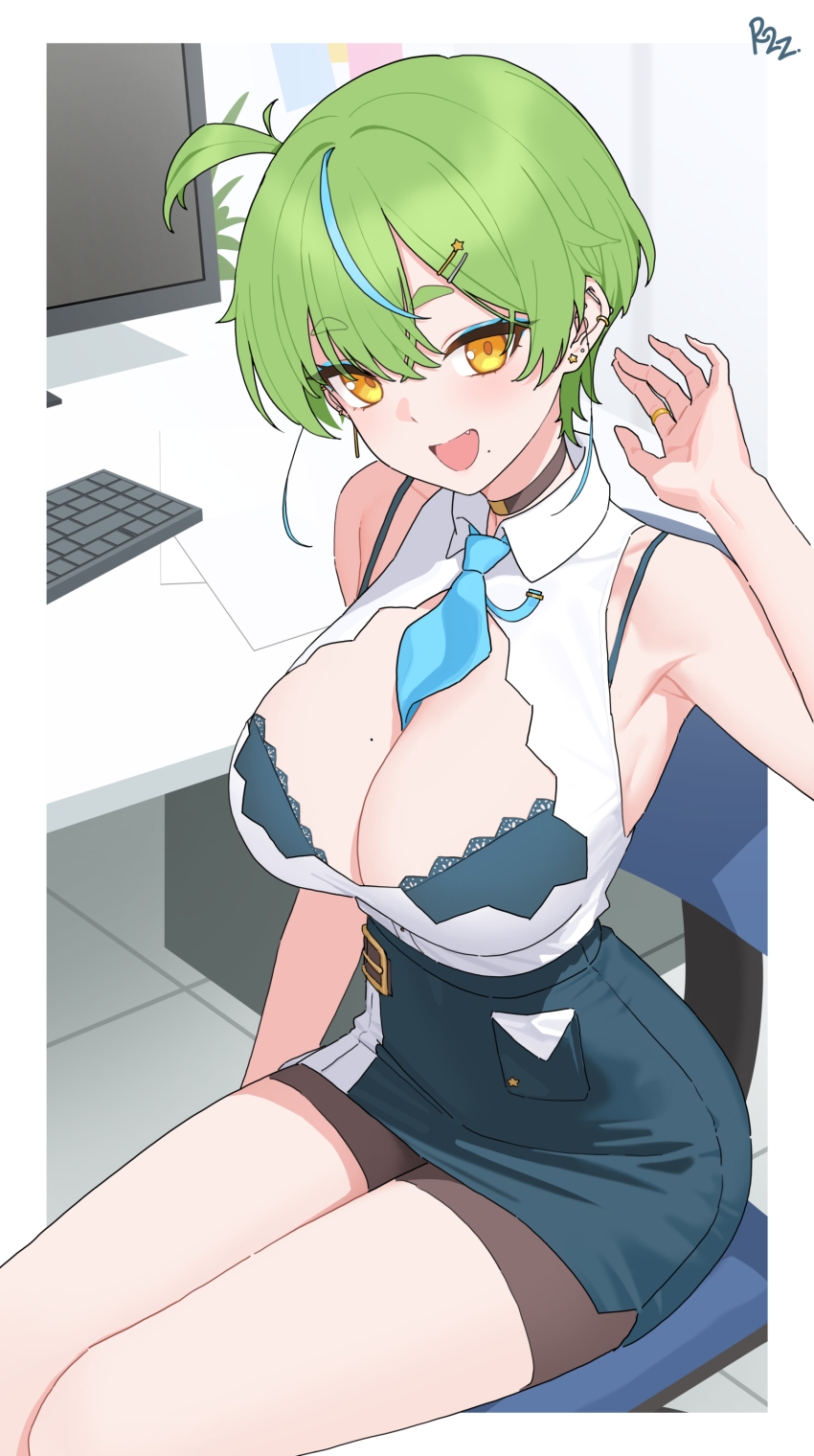 1girl, absurdres, armpits, bare_arms, bare_shoulders, between_breasts, black_choker, blue_bra