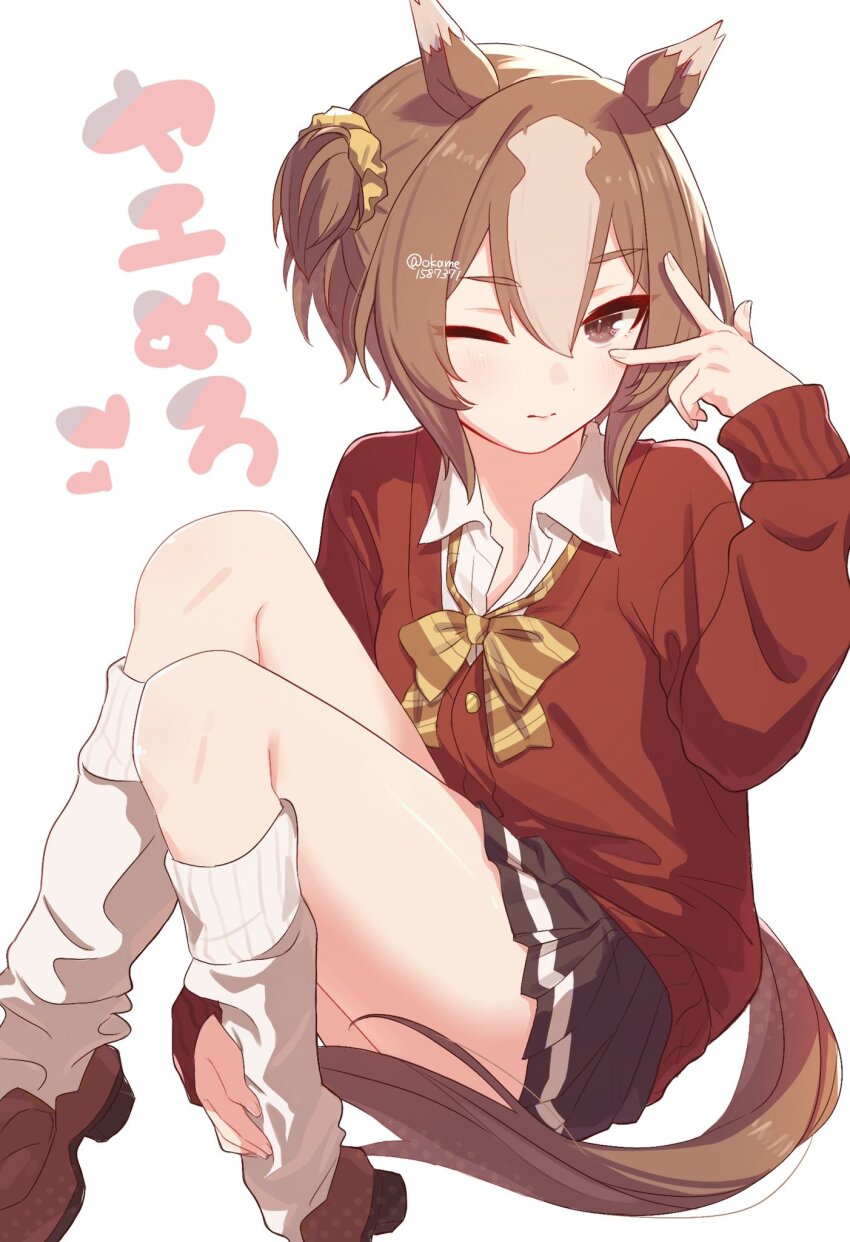 1girl, alternate_costume, animal_ears, black_skirt, bow, bowtie, brown_eyes, brown_hair, bukeo, cardigan, closed_mouth, commentary_request, fox_ears, fox_girl, fox_tail, gyaru, hair_between_eyes, hair_ornament, hair_scrunchie, highres, knees_up, looking_at_viewer, one_side_up, plaid_bow, plaid_bowtie, plaid_clothes, pleated_skirt, red_cardigan, scrunchie, shirt, short_hair, simple_background, skirt, socks, solo, tail, thighs, umamusume, w, w_over_eye, white_background, white_shirt, white_socks, white_streaks, yaeno_muteki_(umamusume), yellow_bow, yellow_bowtie, yellow_scrunchie