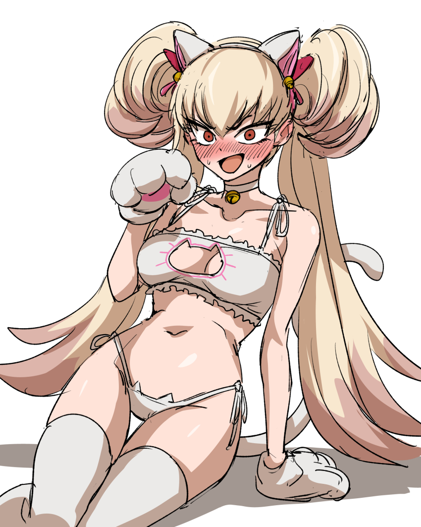 1girl, alternate_costume, animal_ears, arm_support, blonde_hair, blush, bra, cat_ears, cat_lingerie, cat_tail, centurion_primera, collarbone, dot_nose, duel_monster, embarrassed, fake_animal_ears, fake_tail, feet_out_of_frame, female_focus, gloves, hand_up, highres, kimleon, leaning_to_the_side, long_hair, looking_at_viewer, navel, nose_blush, open_mouth, panties, paw_gloves, red_eyes, sitting, solo, surprised, tail, thigh_gap, thighhighs, twintails, underwear, white_bra, white_gloves, white_panties, white_thighhighs, yu-gi-oh!