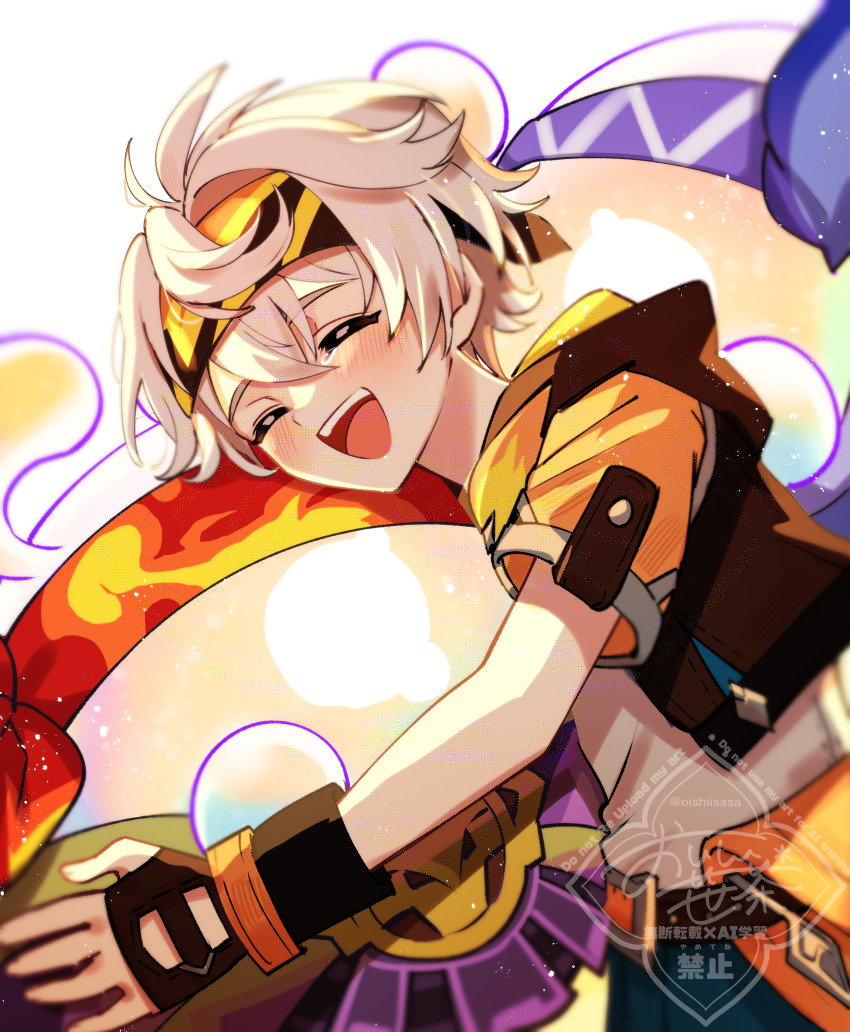 1boy, absurdres, aroni_(genshin_impact), asha_(genshin_impact), bennett_(adventures_in_blazing_hue)_(genshin_impact), bennett_(genshin_impact), black_gloves, blush