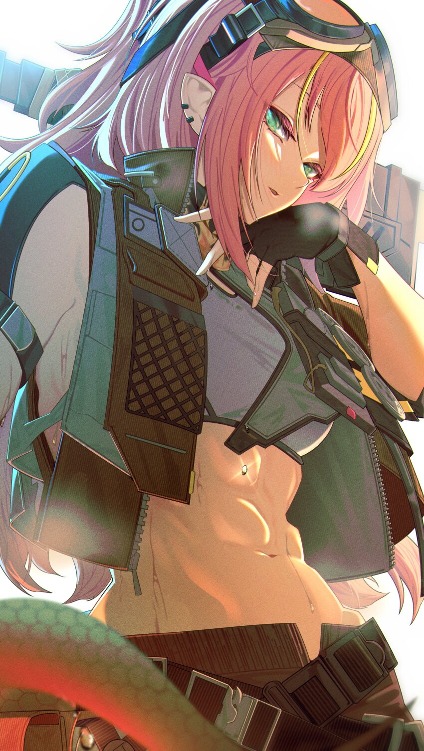 1girl, abs, absurdres, alanna_(arknights), arknights, armpit_peek, black_gloves, blonde_streaks, blurry, blurry_foreground, breasts, commentary, cowboy_shot, cropped_vest, ear_piercing, film_grain, fingerless_gloves, from_below, gloves, goggles, goggles_on_head, green_eyes, hand_up, heavy_film_grain, highres, kimo_suna, long_hair, looking_at_viewer, medium_breasts, midriff, multicolored_hair, navel, open_clothes, open_vest, parted_lips, piercing, pink_hair, pointy_ears, sidelocks, simple_background, snake_tail, solo, streaked_hair, sweat, tail, tank_top, vest, white_background, white_tank_top