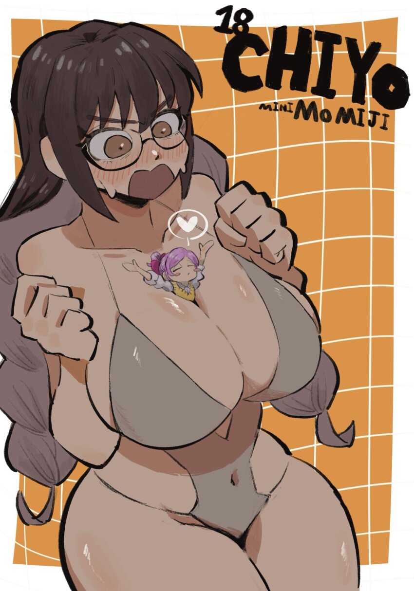 2girls, aged_up, bare_arms, bare_shoulders, blush, border, braid, breasts, brown_eyes, brown_hair, character_name, cleavage, clenched_hands, collarbone, covered_navel, cowboy_shot, female_focus, glasses, grey_one-piece_swimsuit, grid_background, hair_between_eyes, heart, highres, huge_breasts, iin_chiyo, iin_chiyo_(hyakkano_party), kimi_no_koto_ga_dai_dai_dai_dai_daisuki_na_100-nin_no_kanojo, long_hair, mini_person, minigirl, momi_momiji, multiple_girls, official_alternate_costume, one-piece_swimsuit, orange_background, outside_border, person_between_breasts, pink_hair, s2h331, simple_background, spoken_heart, swimsuit, twin_braids, very_long_hair, white_border