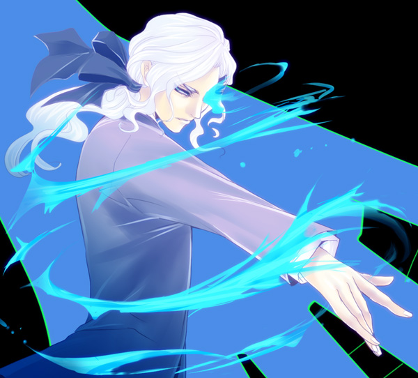 10s, 1boy, ayase_(hyoukyou), bad_id, bad_pixiv_id, blue_eyes, blue_fire, bow