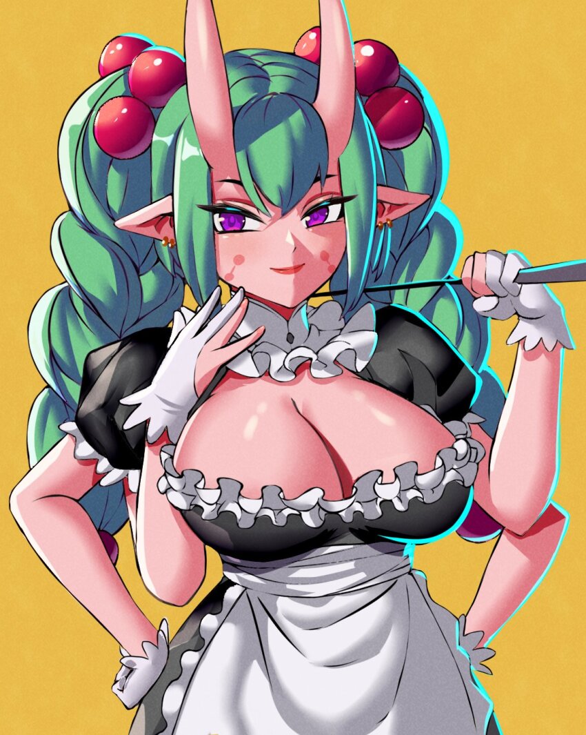 1girl, apron, beads, black_dress, braid, breasts, cleavage, closed_mouth