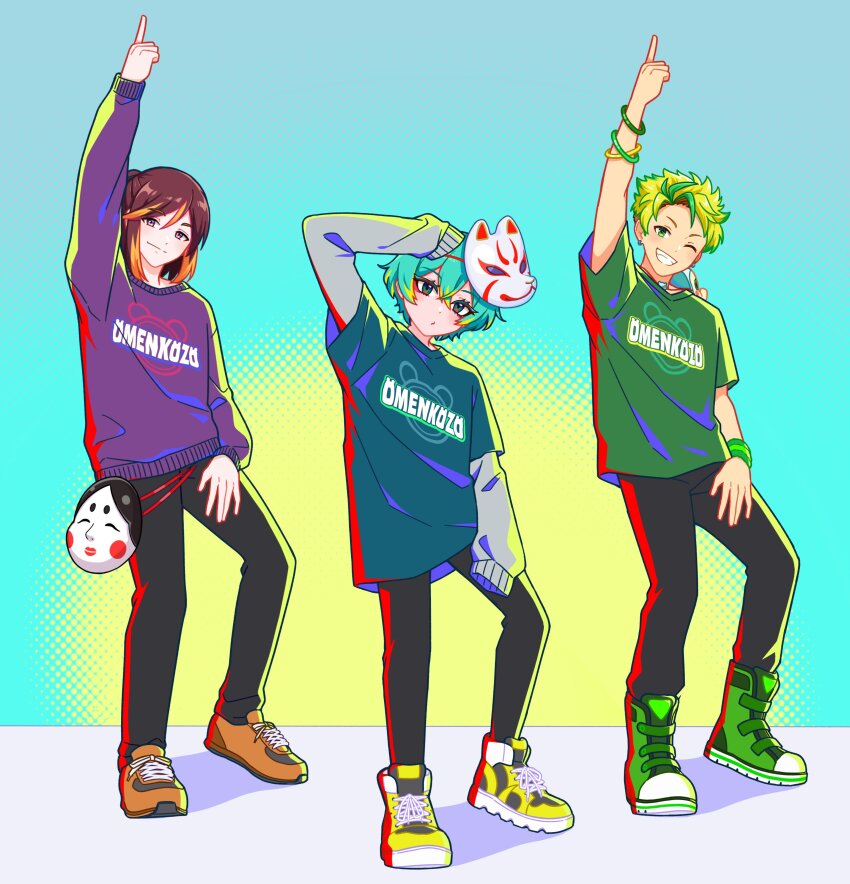 3boys, absurdres, androgynous, anime_coloring, ankle_boots, aqua_background, aqua_hair, bandai_namco