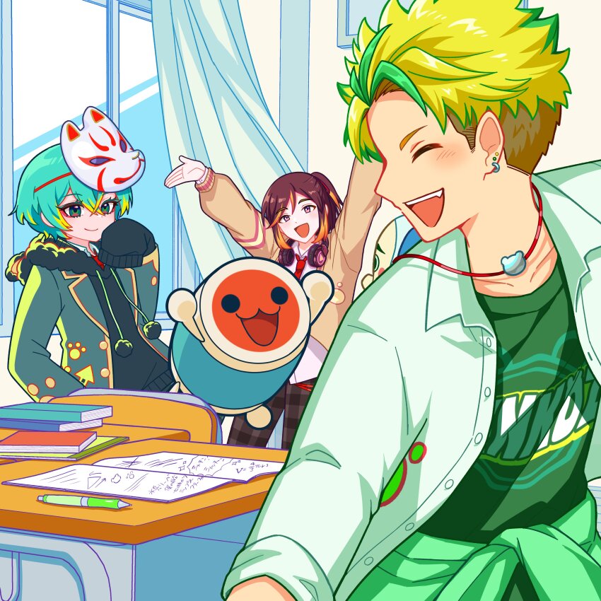 3boys, absurdres, androgynous, animal_ear_hood, animal_ears, anime_coloring, aqua_hair, arms_up