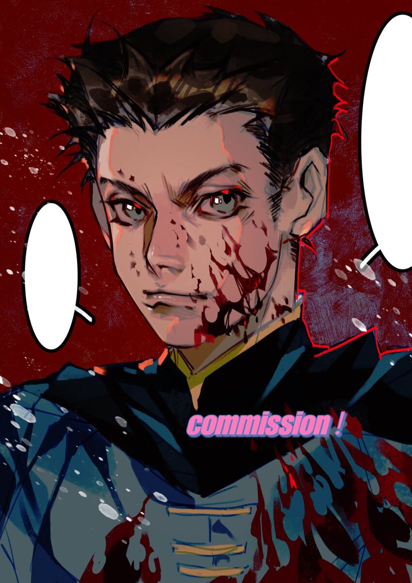 1boy, blank_speech_bubble, blood, blood_on_clothes, blood_on_face, brown_hair, closed_mouth, commission