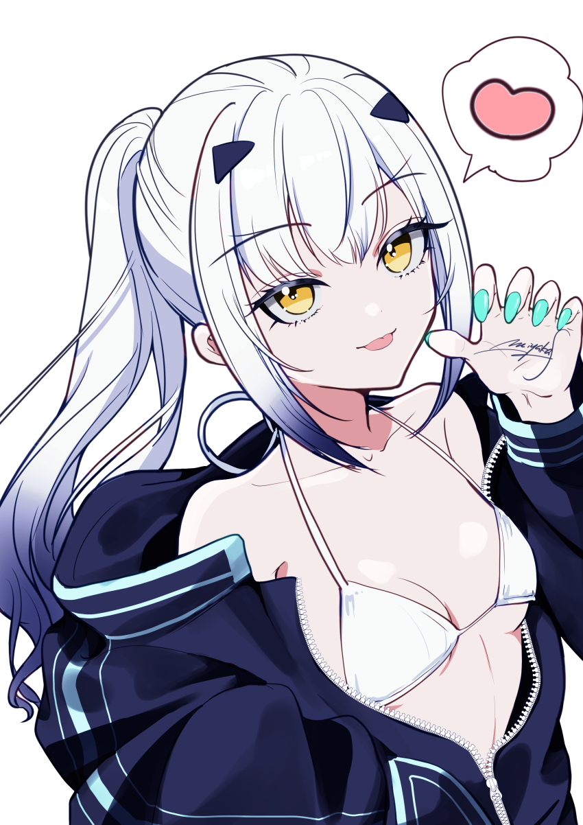 1girl, absurdres, bikini, blue_nails, breasts, cardigan, cleavage, collarbone