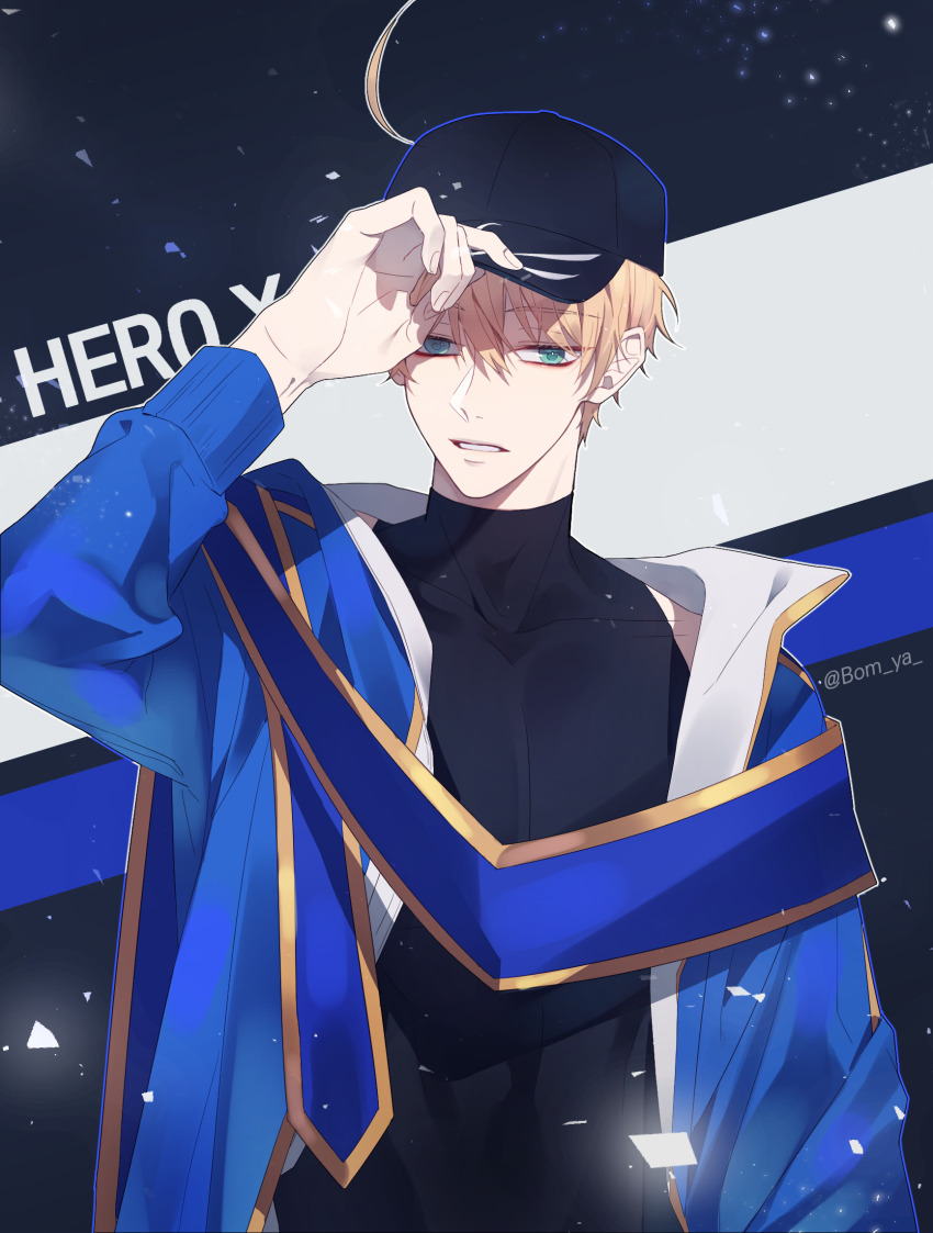 1boy, ahoge, aqua_eyes, arthur_pendragon_(fate), artist_name, black_background, black_hat, black_tank_top