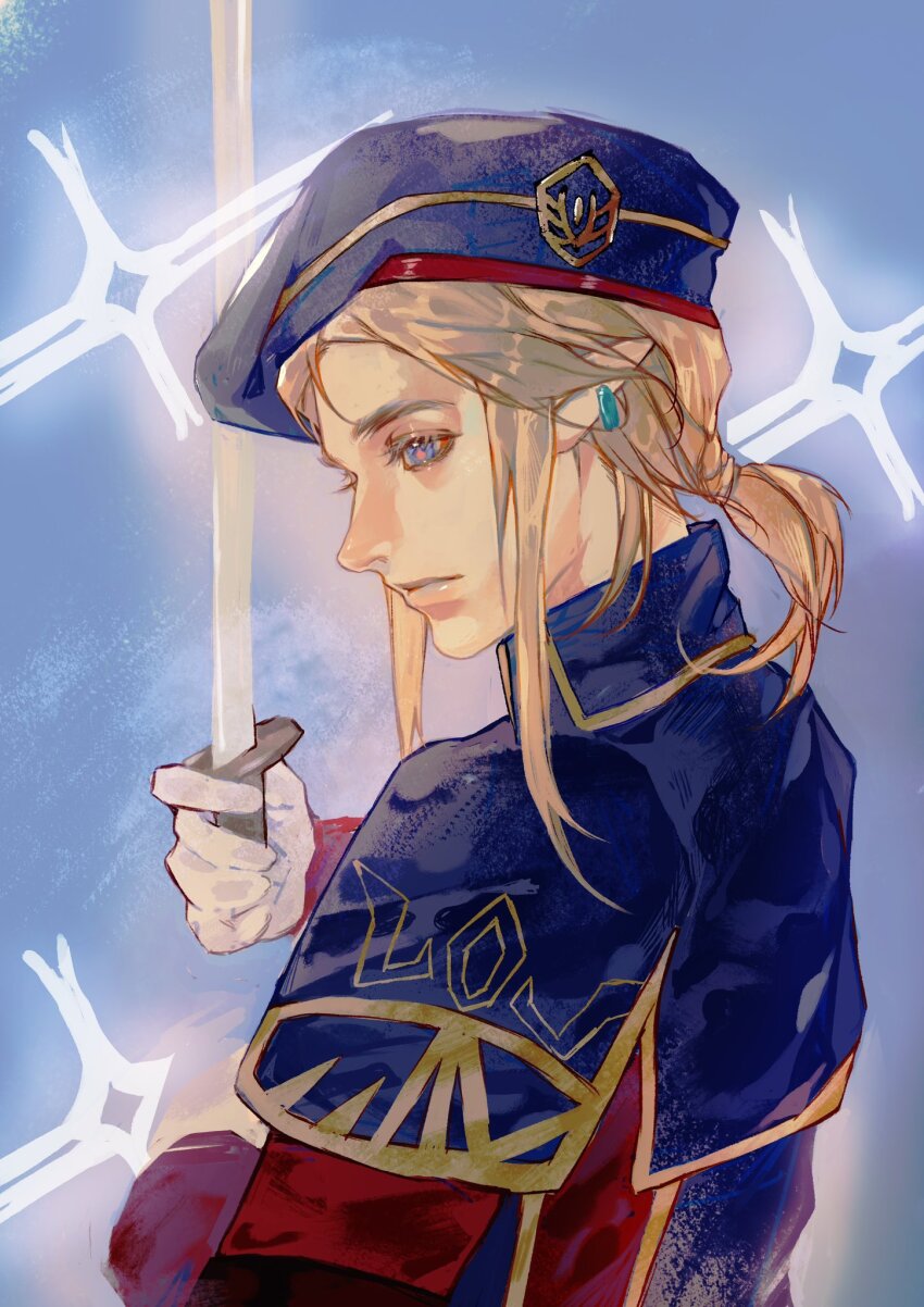 1boy, beret, blonde_hair, blue_background, blue_eyes, blue_hat, closed_mouth, earrings