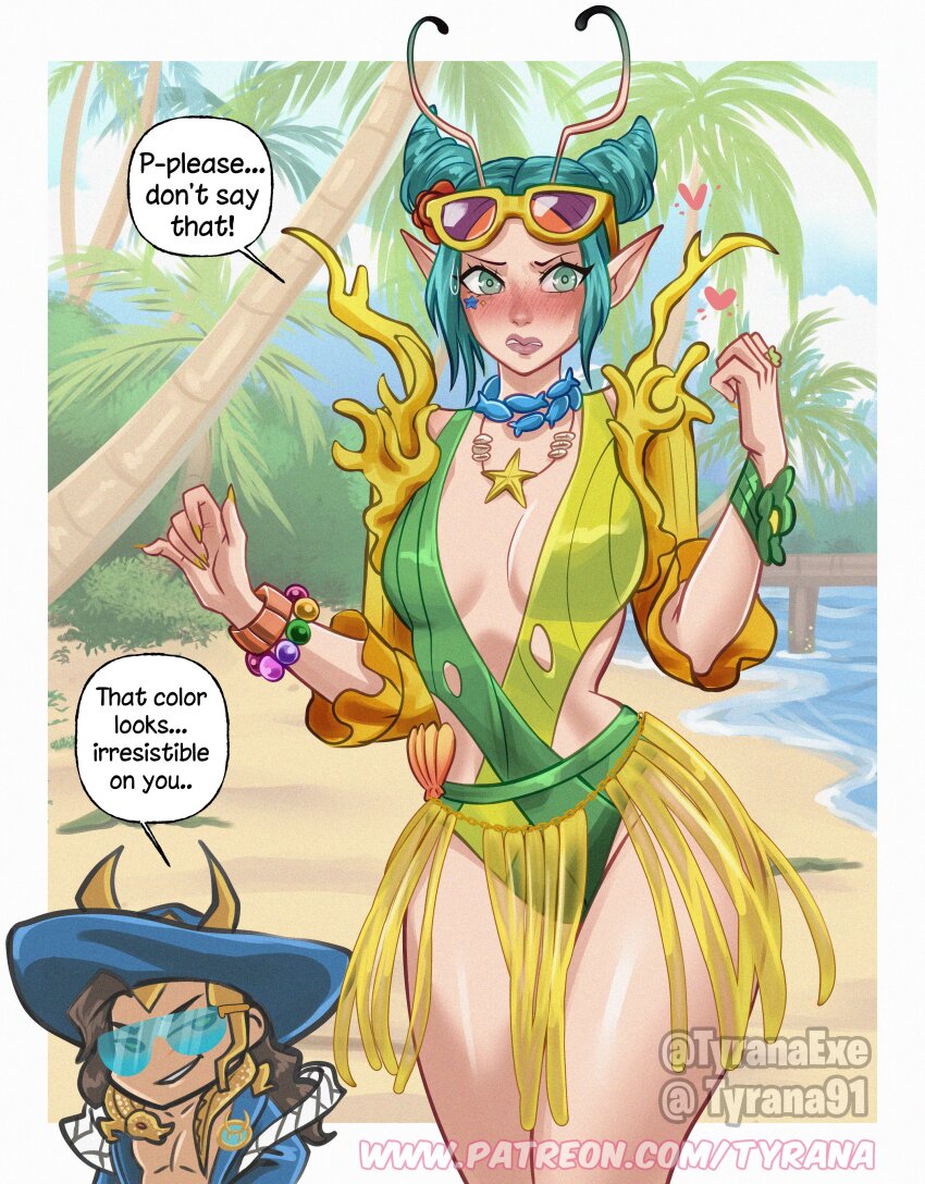 1boy, 1girl, absurdres, alien, antennae, aqua_eyes, aqua_hair, beach