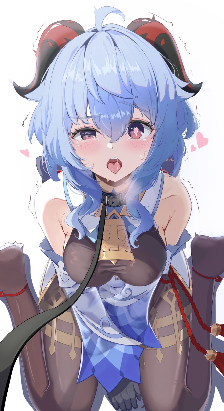 1girl, absurdres, ahoge, bare_shoulders, bell, black_gloves, black_pantyhose, blue_hair, blush, bow, breasts, collar, commentary_request, detached_sleeves, ganyu_(genshin_impact), genshin_impact, gloves, gold_trim, half-closed_eyes, heart, heart-shaped_pupils, highres, horns, jewelry, leash, long_hair, looking_at_viewer, medium_breasts, moni_(moni7475), neck_bell, no_gloves, pantyhose, purple_eyes, red_rope, rope, sidelocks, sitting, solo, symbol-shaped_pupils, tassel, thighlet, twitching, viewer_holding_leash, wariza, white_background, white_sleeves