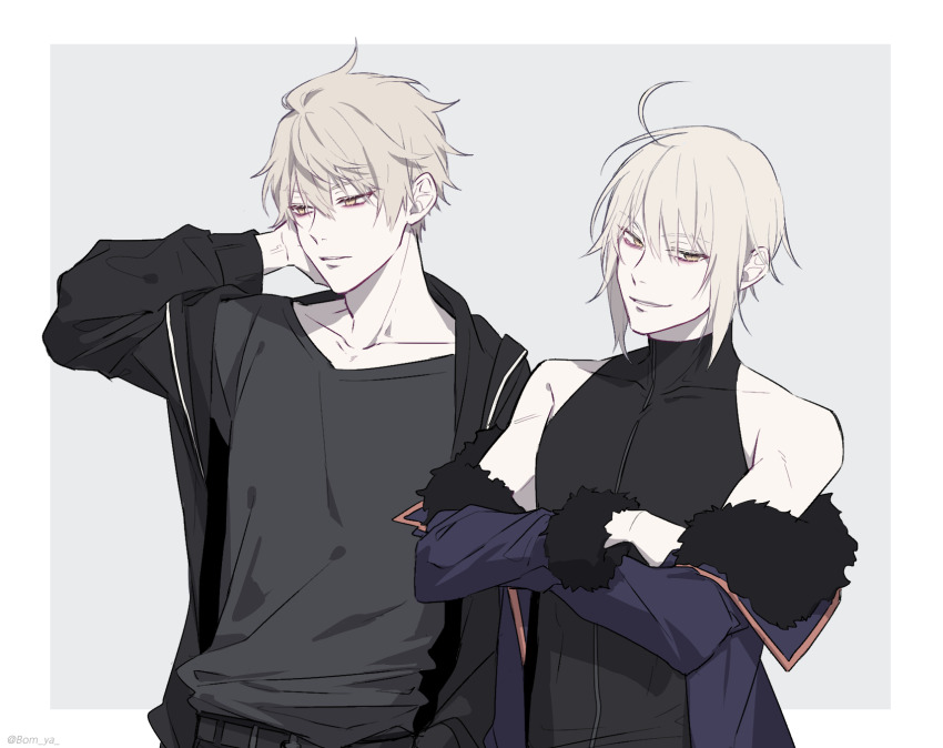 2boys, ahoge, arthur_pendragon_(fate), arthur_pendragon_alter_(fate), artist_name, bare_shoulders, belt, black_belt