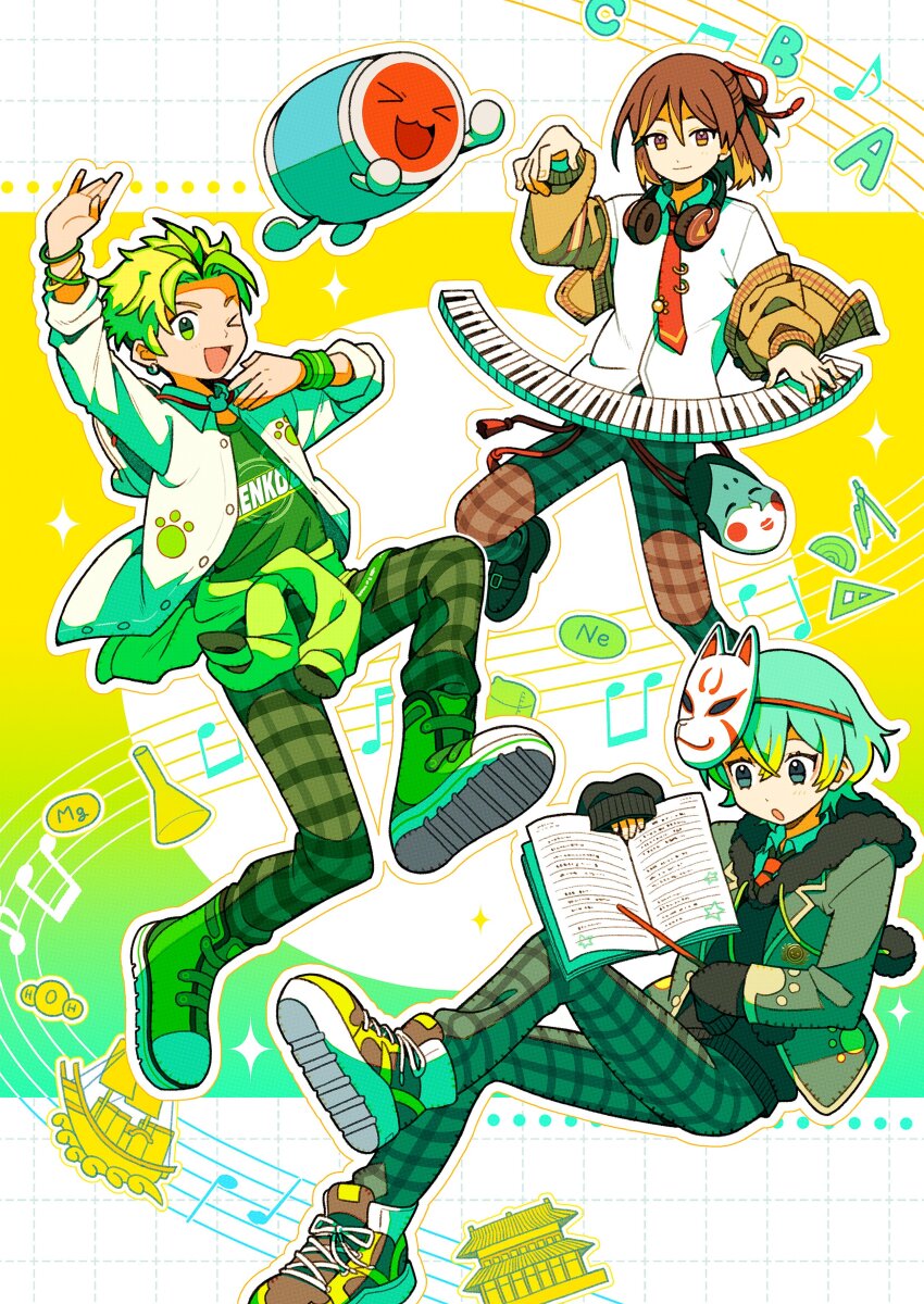 >_<, 3boys, absurdres, alphabet, androgynous, animal_ear_hood, animal_ears, anime_coloring