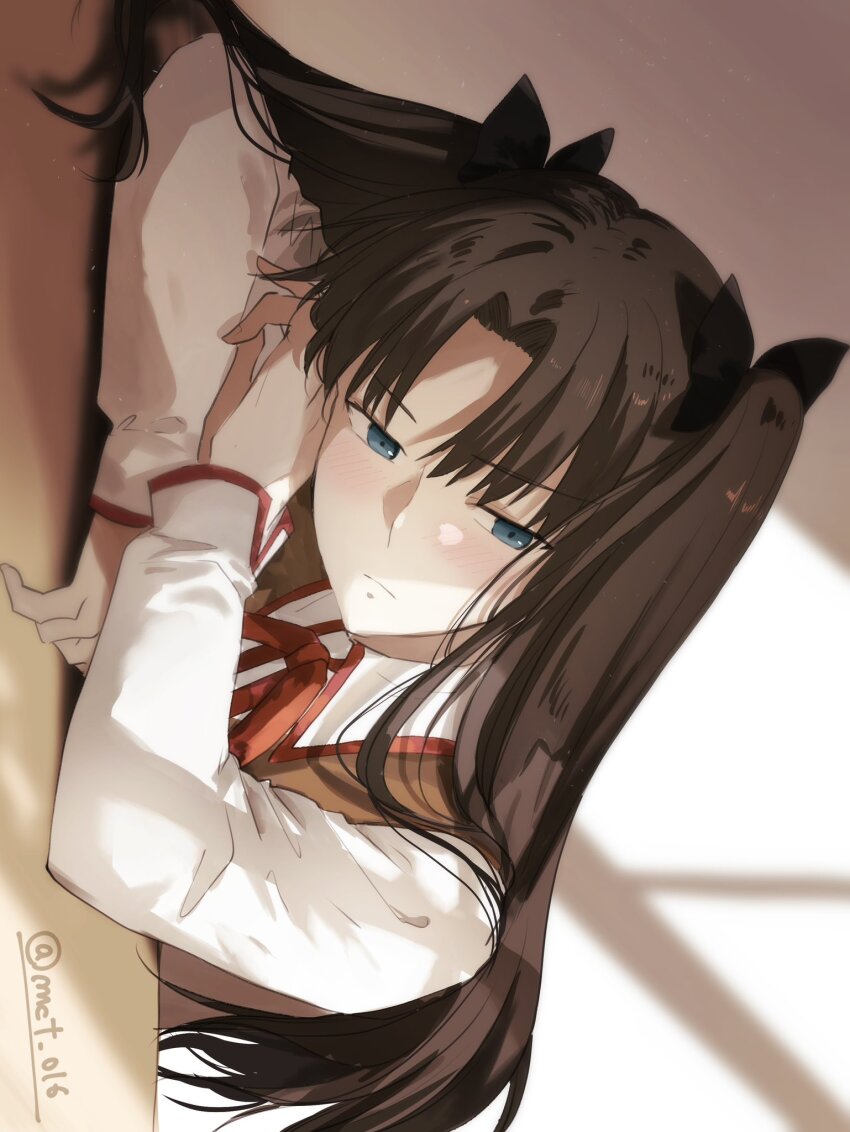 1girl, black_bow, black_hair, blue_eyes, blush, bow, brown_vest, closed_mouth, commentary_request, fate/stay_night, fate_(series), hair_bow, highres, homurabara_academy_school_uniform, long_hair, long_sleeves, mct, neck_ribbon, parted_bangs, red_ribbon, ribbon, school_uniform, shirt, solo, table, tohsaka_rin, twitter_username, two_side_up, vest, white_shirt