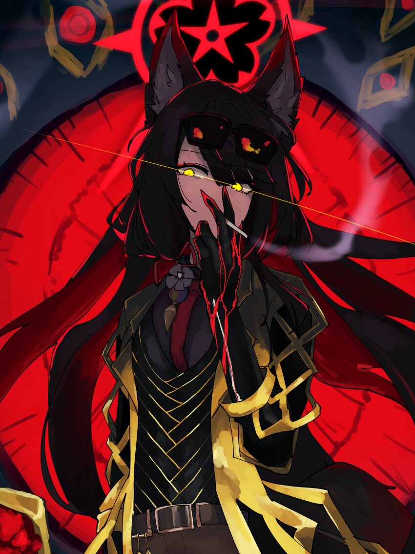 1girl, 1other, absurdres, animal_ears, belt, black_belt, black_gloves, black_pants, black_vest, blood, blood_on_clothes, blood_on_gloves, blue_archive, brown_hair, cigarette, coat, contempt_awe_(e.g.o), e.g.o_(project_moon), eyewear_on_head, flirt_dragoon, fox_ears, fox_girl, fox_tail, gloves, glowing, glowing_eyes, gold_trim, hair_ornament, halo, highres, holding, holding_cigarette, holding_sword, holding_weapon, limbus_company, long_hair, looking_at_viewer, n_corp._e.g.o_(identity)_(project_moon), pants, project_moon, red_hair, red_halo, sheath, sheathed, smoke, smoking, solo_focus, standing, sunglasses, sword, tail, vest, wakamo_(blue_archive), weapon, yellow_coat, yellow_eyes