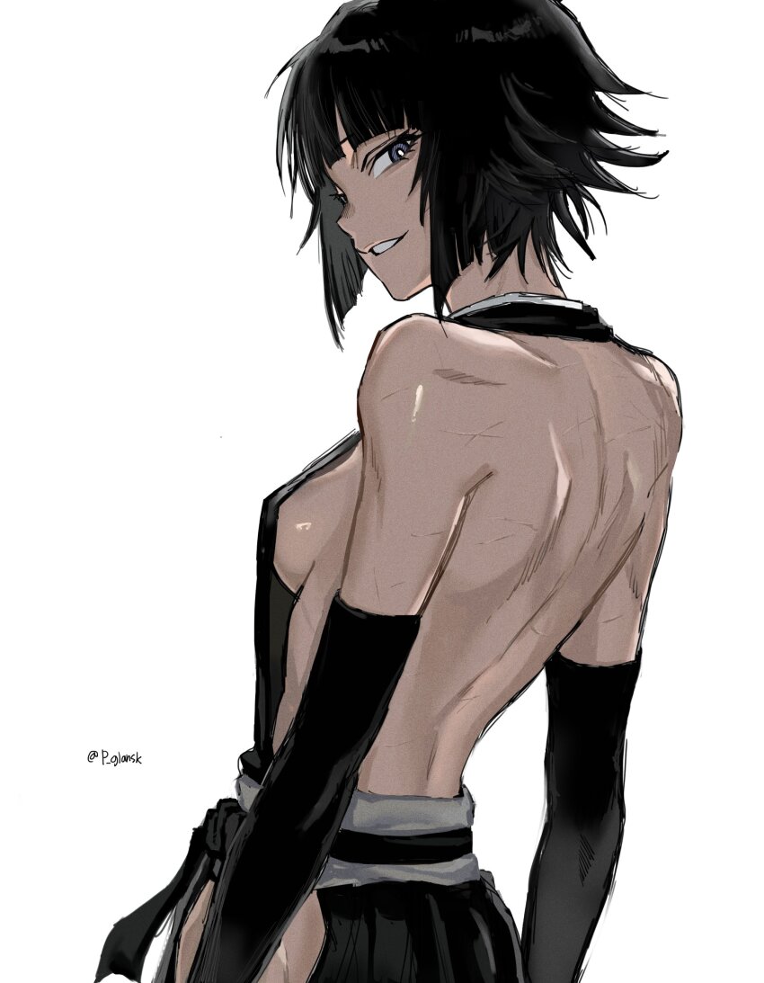 1girl, absurdres, artist_name, bare_back, bare_shoulders, black_hair, bleach, bleach:_sennen_kessen-hen, breasts, elbow_gloves, female_focus, gloves, highres, japanese_clothes, medium_hair, p_glansk, shihakusho, shiny_skin, sideboob, simple_background, small_breasts, sui-feng, teeth, twitter_username, white_background