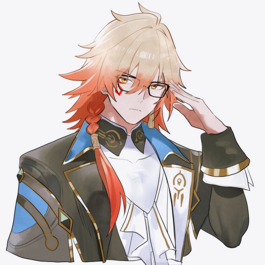 1boy, anaxa_(honkai:_star_rail), anaxa_(honkai:_star_rail)_(cosplay), ascot, bespectacled, black_jacket, cosplay, glasses