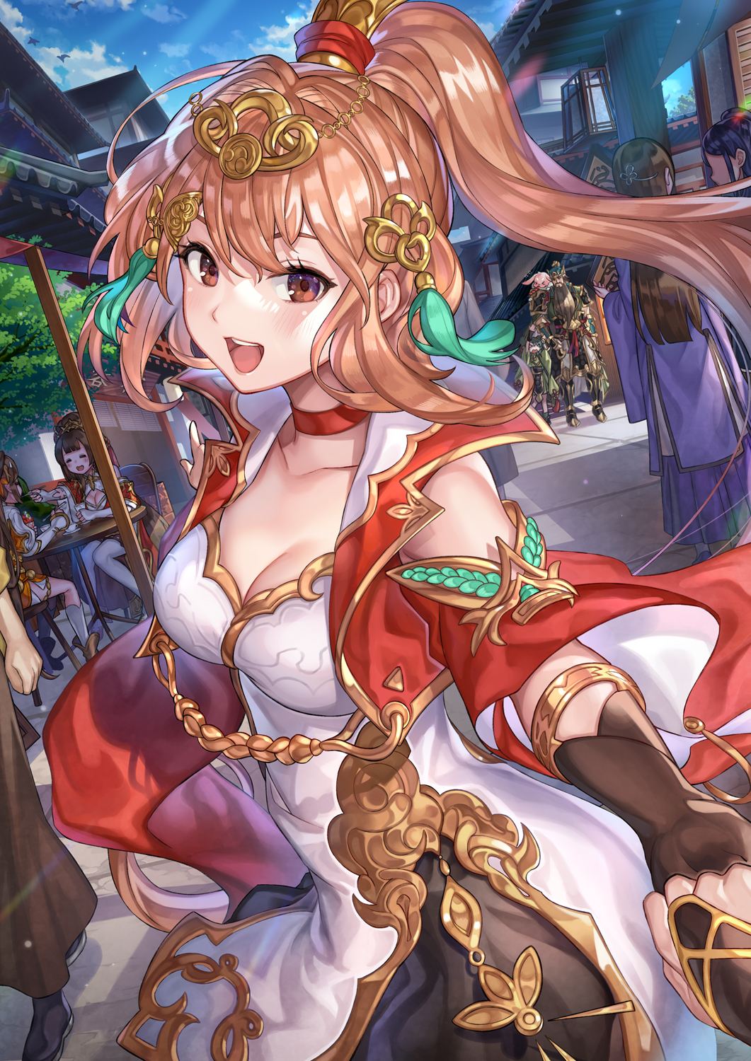 1girl, black_gloves, breasts, brown_eyes, brown_hair, choker, cleavage, cloud