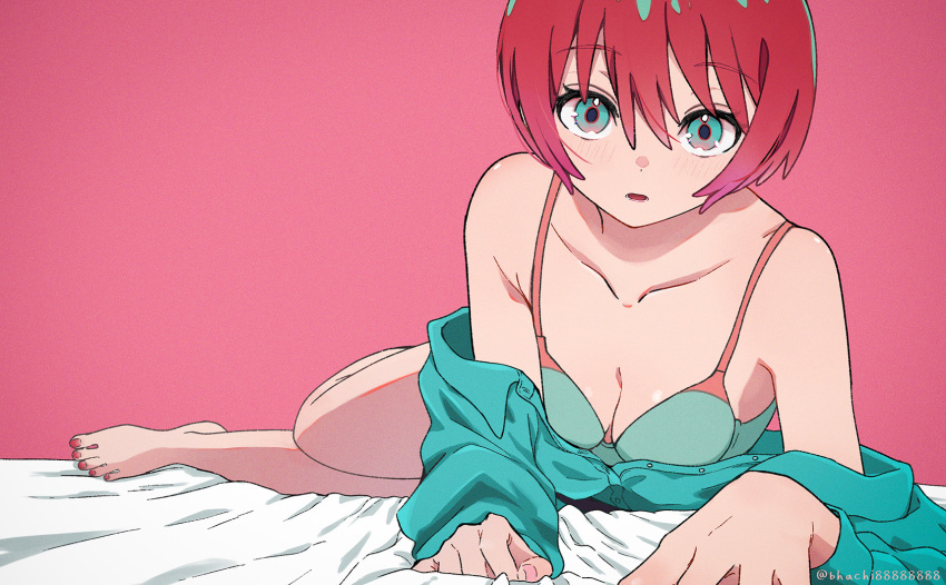 1girl, amate_yuzuriha, aqua_eyes, aqua_shirt, barefoot, bhachi88888888, bra, breasts