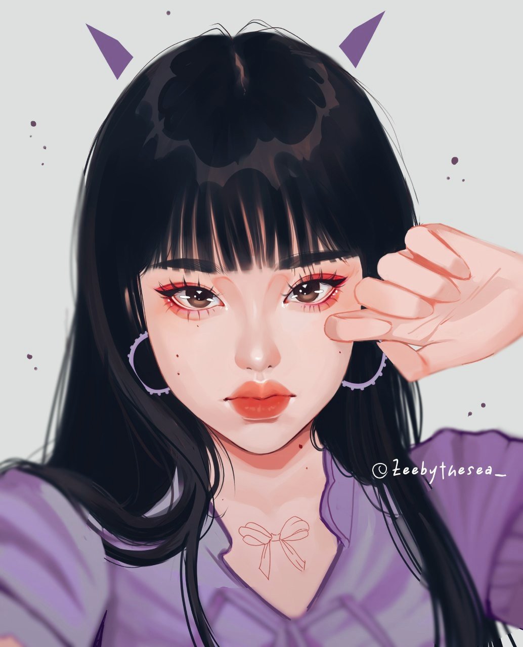 1girl, aegyo_sal, black_hair, blurry, bow_tattoo, brown_eyes, chest_tattoo, choppy_bangs