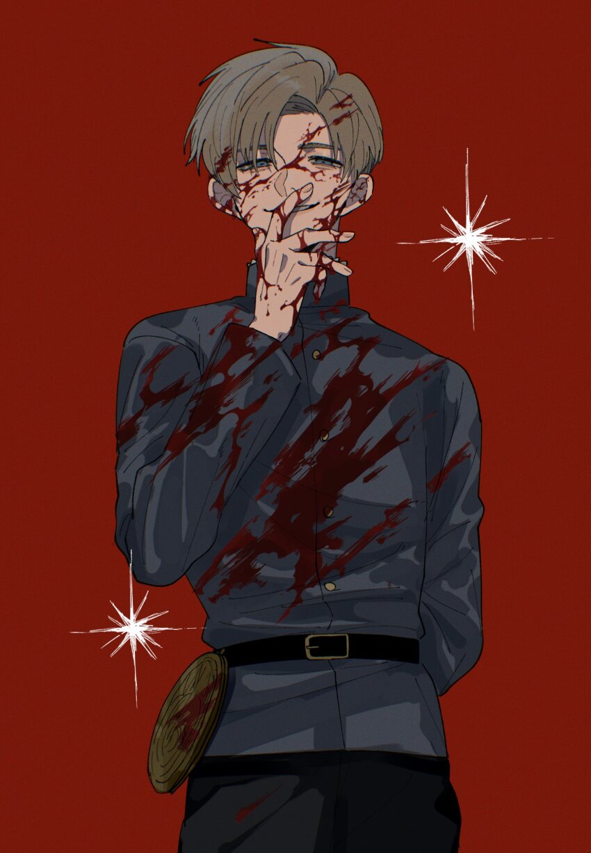 1boy, arm_behind_back, astrolabe, belt, black_belt, black_pants, blonde_hair, blood