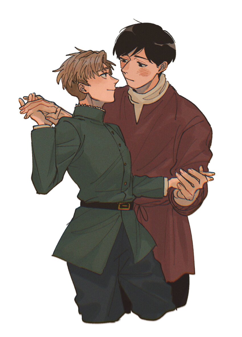 2boys, albert_brudzewski_(chi.), belt, belt_buckle, black_belt, black_hair, black_pants, blonde_hair