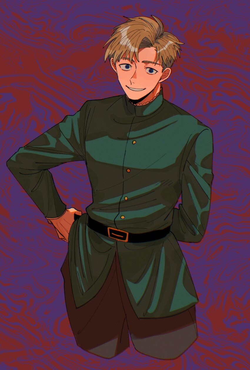 1boy, arm_behind_back, belt, belt_buckle, black_belt, black_pants, blonde_hair, buckle