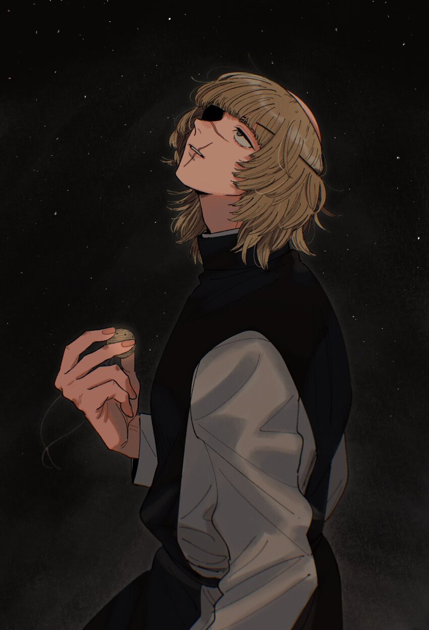 1boy, badeni, black_tunic, blonde_hair, blunt_bangs, chi.:_chikyuu_no_undou_ni_tsuite, chizaki, eyepatch