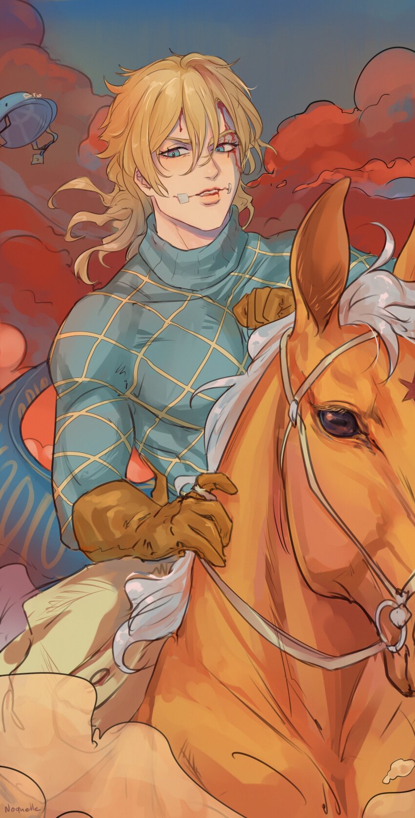 1boy, absurdres, argyle_clothes, argyle_sweater, bandaid, bandaid_on_face, bishounen, blonde_hair