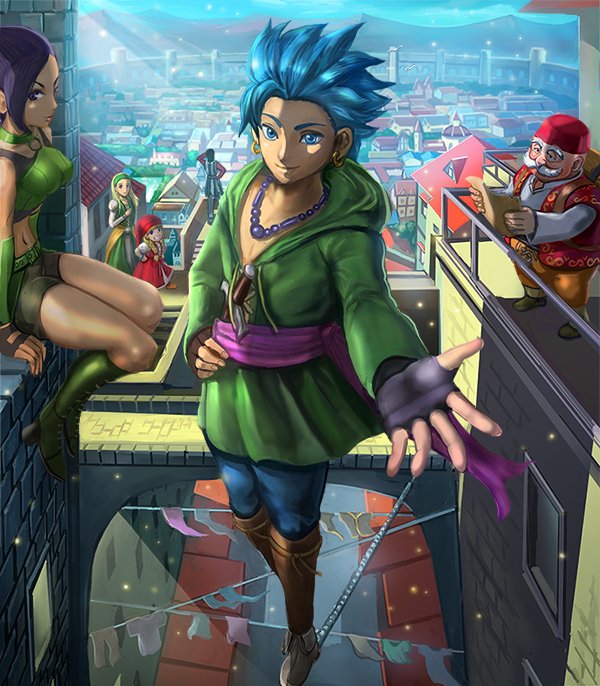 3boys, 3girls, bead_necklace, beads, blonde_hair, blue_eyes, blue_hair, blue_pants