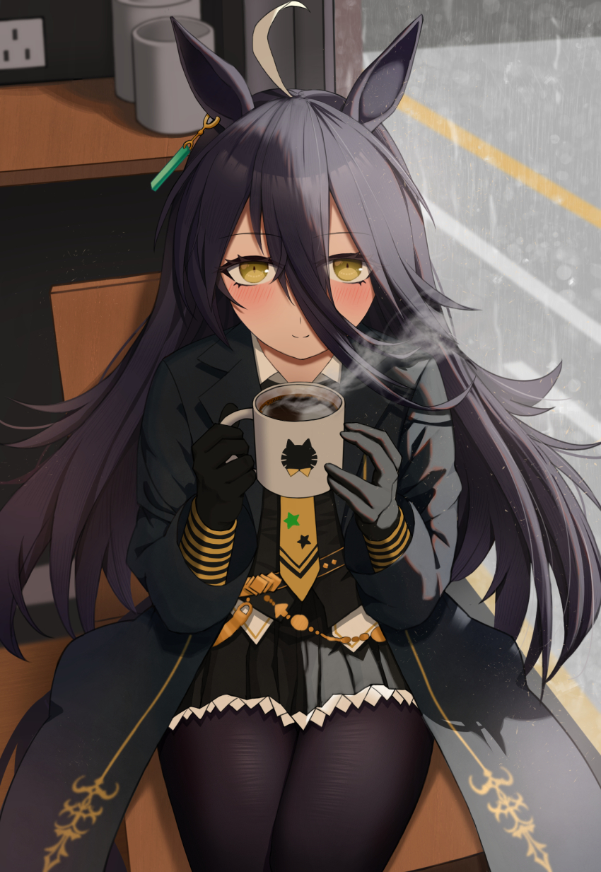 1girl, animal_ears, black_coat, black_gloves, black_jacket, black_pantyhose, black_skirt, blush