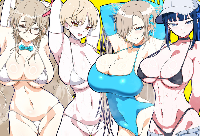 1girl, 4girls, akane_(blue_archive), armpits, arms_behind_back, asuna_(blue_archive), baseball_cap, black_choker, black_hair, blonde_hair, blue_archive, blue_choker, blue_eyes, blue_hair, blue_halo, blue_leotard, blue_one-piece_swimsuit, bow, breasts, brown_hair, choker, colored_inner_hair, elbow_gloves, frontal_wedgie, glasses, gloves, grin, hair_over_one_eye, halo, hat, highres, large_breasts, leotard, long_hair, looking_at_viewer, marina_(blue_archive), mole, mole_on_breast, multicolored_hair, multiple_girls, muscular, muscular_female, navel, one-piece_swimsuit, sakurein, saori_(blue_archive), short_hair, smile, swimsuit, very_long_hair, wedgie, white_choker, white_gloves, yellow_eyes
