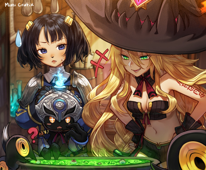 1other, 2girls, ?, absurdres, animal_ears, arm_tattoo, armor, armpits