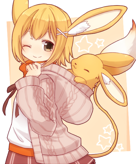1girl, animal_ears, blonde_hair, brown_skirt, emil_chronicle_online, from_side, grey_eyes, hair_ornament