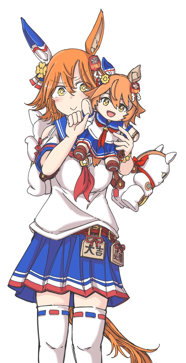 +_+, 1girl, animal_ears, backpack, bag, bead_bracelet, beads, blue_skirt, blush, bracelet, character_doll, closed_mouth, clover_hair_ornament, daruma_doll, doll, ear_covers, ema, four-leaf_clover_hair_ornament, good_fortune_symbol, hachidori_(ippatsuya), hair_between_eyes, hair_ornament, highres, holding, horse_ears, horse_girl, horse_tail, jewelry, looking_at_viewer, maneki-neko, matikanefukukitaru_(rising_fortune)_(umamusume), matikanefukukitaru_(umamusume), neckerchief, orange_hair, pleated_skirt, red_neckerchief, sailor_collar, shirt, short_hair, simple_background, single_ear_cover, skirt, smile, solo, tail, thighhighs, umamusume, white_background, white_shirt, white_thighhighs, zettai_ryouiki